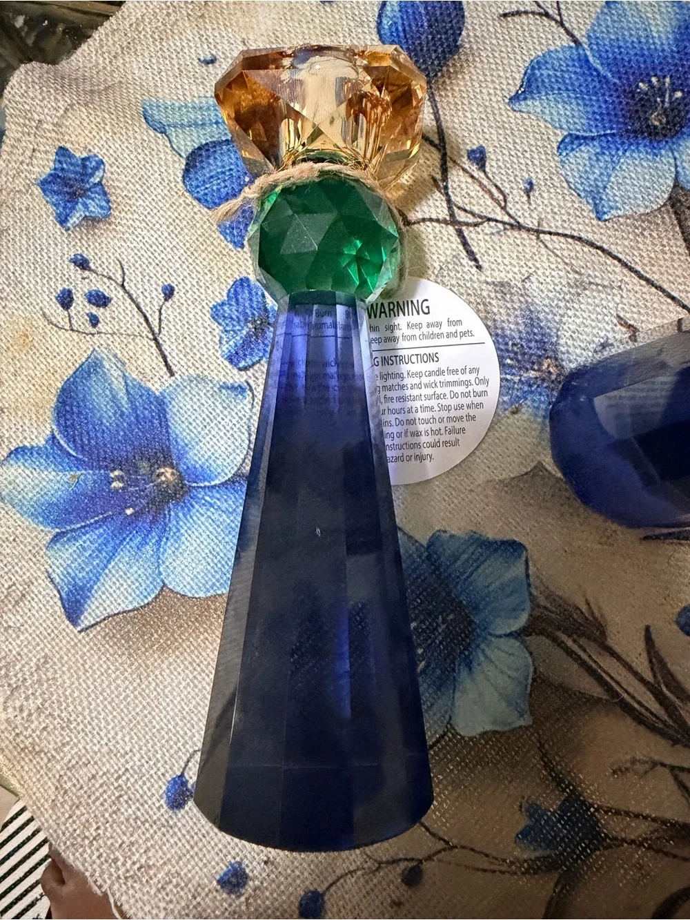 Blue Glass Candlestick Pair with Green and Amber Accents